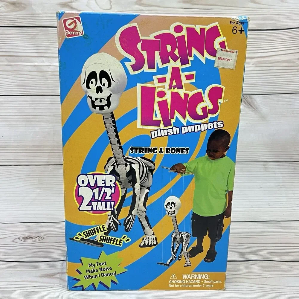 Vintage 2001 Gemmy String-A-Lings Plush Puppet Skeleton & Bones Marionette NOS